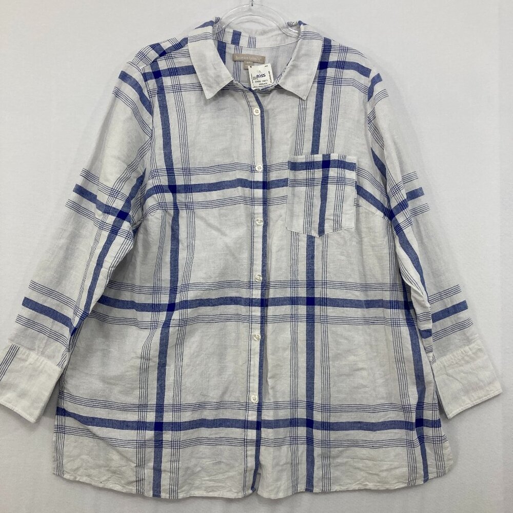 New‎ Woman Within size 18/20 Blue White Plaid Linen Cotton Blend Button Down